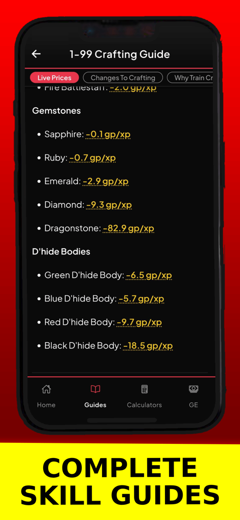 Theoatrix Toolkit - Theoatrix Toolkit mobile app screenshot showing a comprehensive OSRS crafting guide with real time price data for efficiency