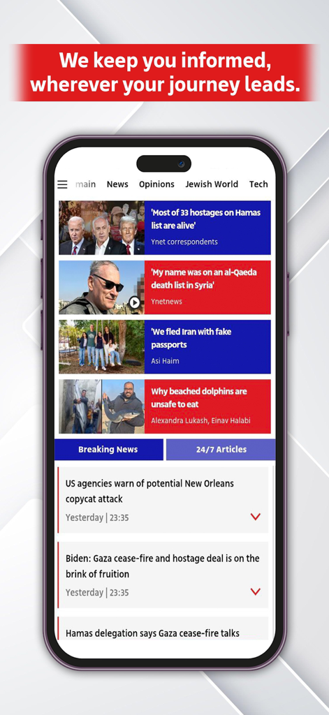 Interface de l'application d'actualités de dernière minute d'Israël Ynetnews montrant les gros titres et les articles d'actualités de dernière minute sur Israël et le Moyen-Orient.