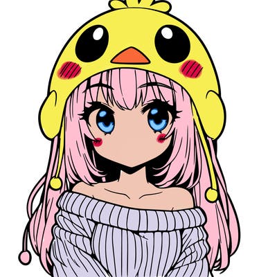 anime girl with chick shaped hat with sweater with bare shoulders with bangs covering them one eye with low tail