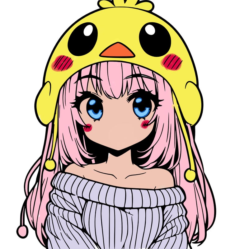 anime girl with chick shaped hat with sweater with bare shoulders with bangs covering them one eye with low tail