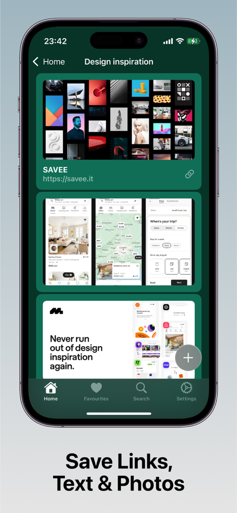 Clipbox App-Bildschirm mit einer Sammlung von gespeicherten Design-Inspirationslinks und Bildern auf einem iPhone
