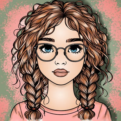 realistic girl with glasses and frizzy hair in braids