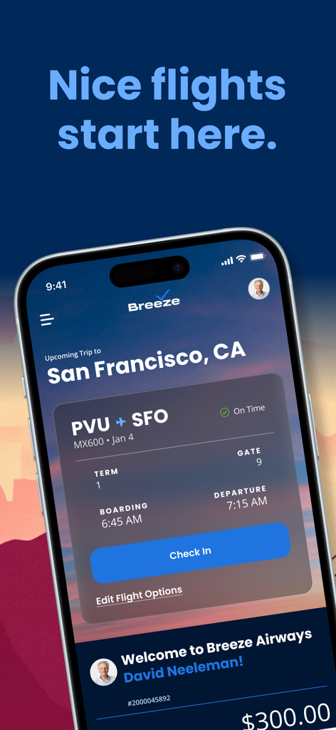 Breeze Airways - Breeze Airways 모바일 앱 화면에 체크인 버튼이 있는 샌프란시스코행 예정 항공편 정보 표시