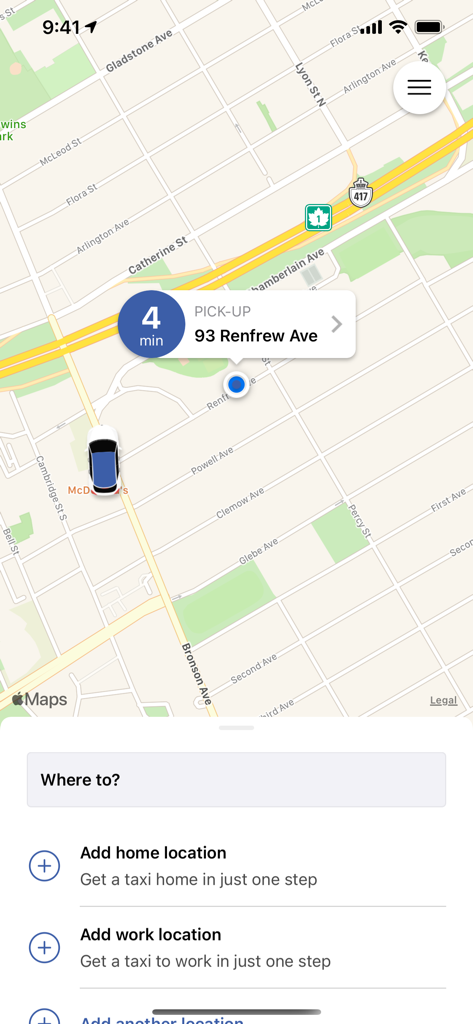 Blueline Taxi - Ottawa - Interface of the Blueline Taxi Ottawa app showing a live map with a vehicle location, a 4 minute pickup estimate, and a destination search field.