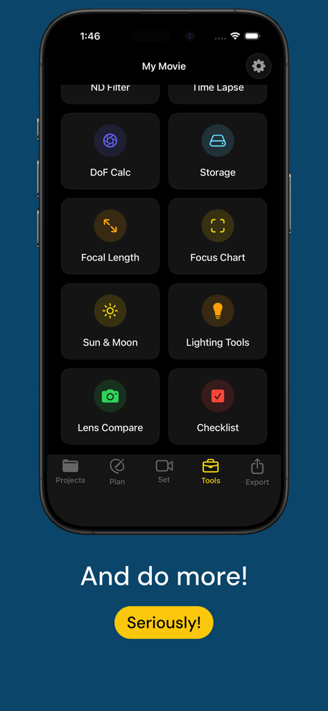 DOPro: Director’s Viewfinder - A smartphone screen showing the DOPro app tools dashboard with filmmaking features like DoF Calc, Storage, and Sun and Moon tracking