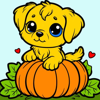 one cute puppy sitting on a pumpkin