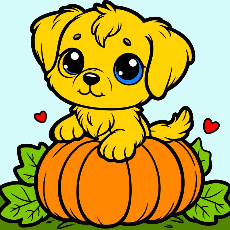 one cute puppy sitting on a pumpkin
