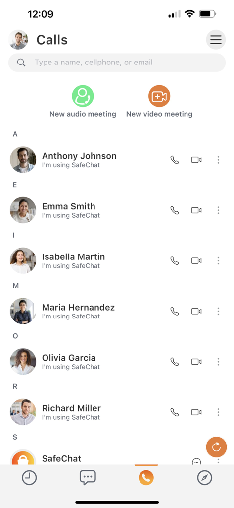 SafeChat — Secure Chat & Share - SafeChat call interface showing contact list with options for audio and video meetings
