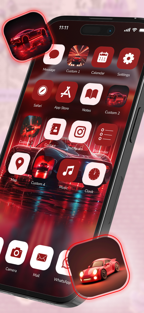 A customized iPhone home screen featuring a dark red supercar wallpaper and matching themed icons