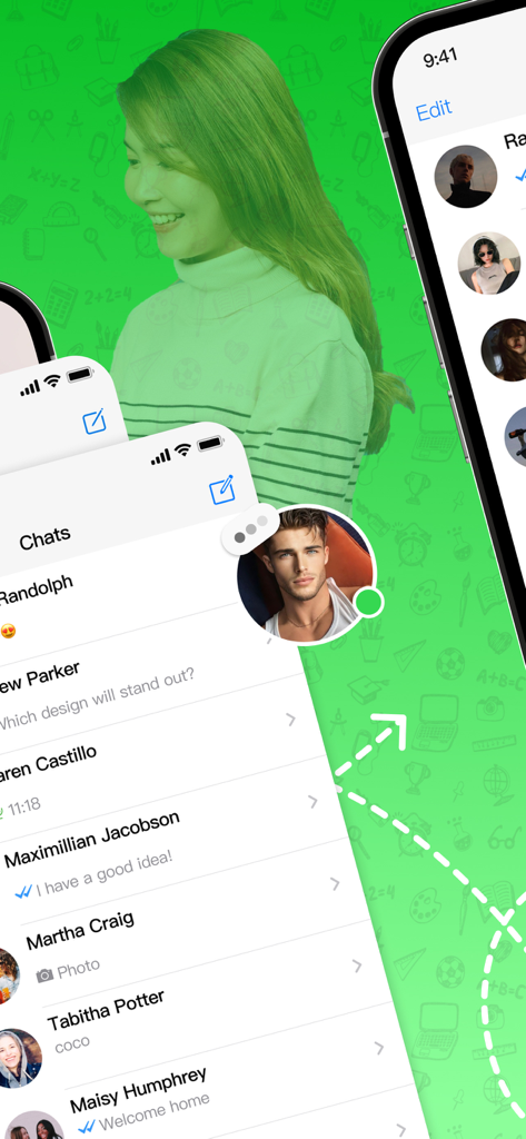 Screenshot of Dual Messenger and Duo Web app showing chat list and user profile management on iPhone screens.