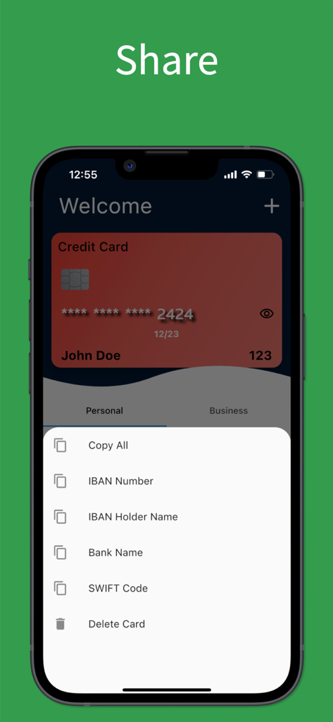 Card IBAN Wallet - Schermata di un'app mobile che mostra un menu di condivisione con opzioni per copiare dettagli bancari, incluso il numero IBAN e il codice SWIFT.