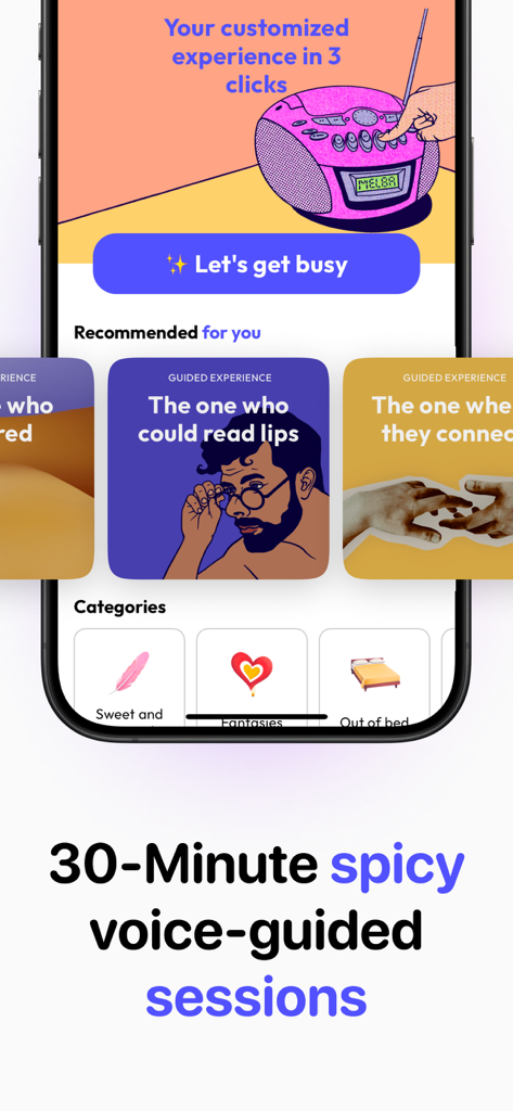 Melba App-Oberfläche, die empfohlene sprachgeführte Intimitätsabenteuer für Paare anzeigt.