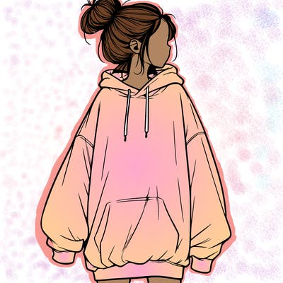 realistic girl with a oversized sweatshirt on and a bun