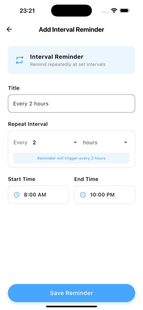 Waterry - Water Reminder - Una interfaz limpia para configurar recordatorios de hidratación recurrentes en la aplicación Waterry.