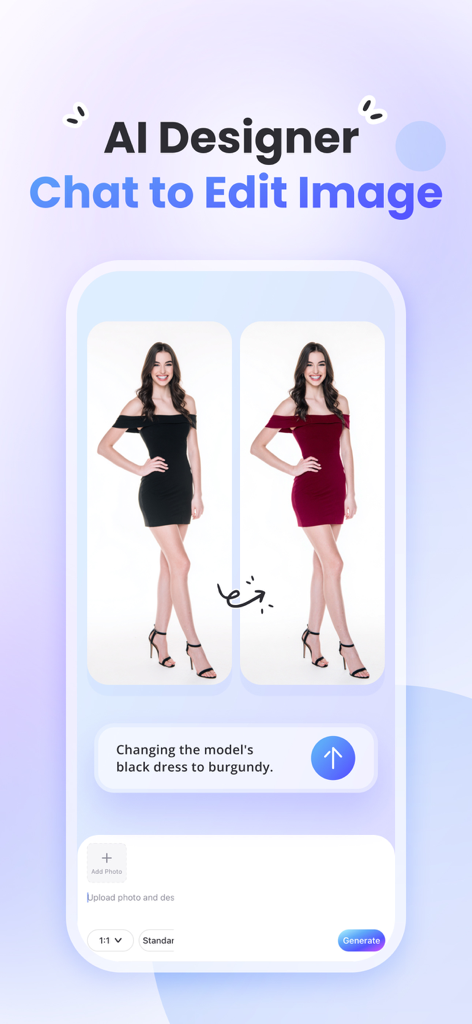 PicWish: AI Photo Editor - PicWish AI photo editor chat to edit feature changing dress color on a model