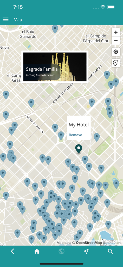 Barcelona Art & Culture - Map view of the Barcelona Art and Culture app showing numerous cultural site pins and a highlighted popup for the Sagrada Familia