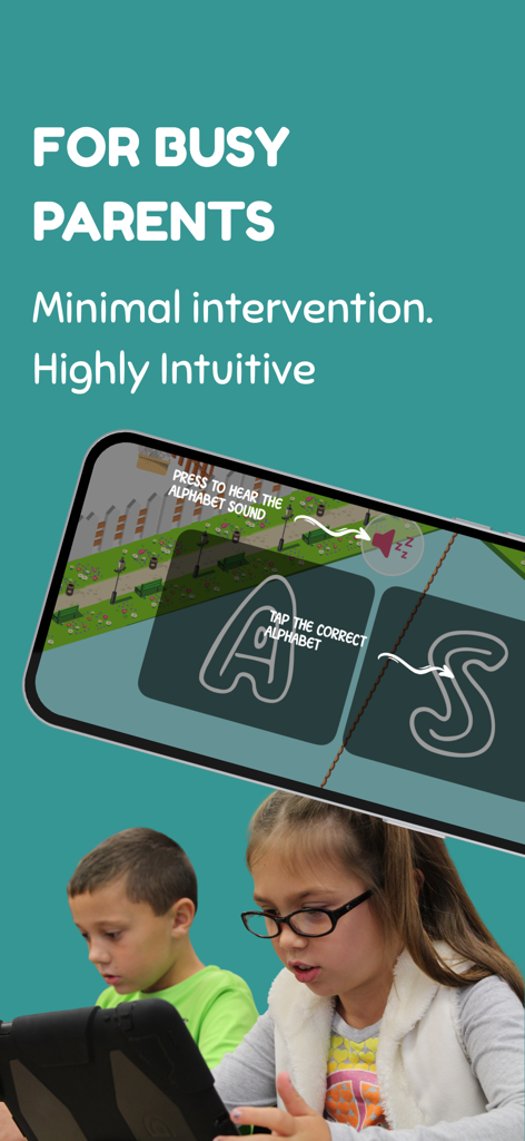 Learn to Read: Wild Phonics - Niños usando tabletas para aprender con la aplicación Wild Phonics que presenta una interfaz de mínima intervención para los padres.