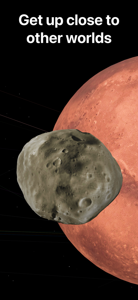 Planetaria: Space Simulator - Un modello 3D ad alta fedeltà di una luna rocciosa davanti a Marte dall'app Planetaria Space Simulator.