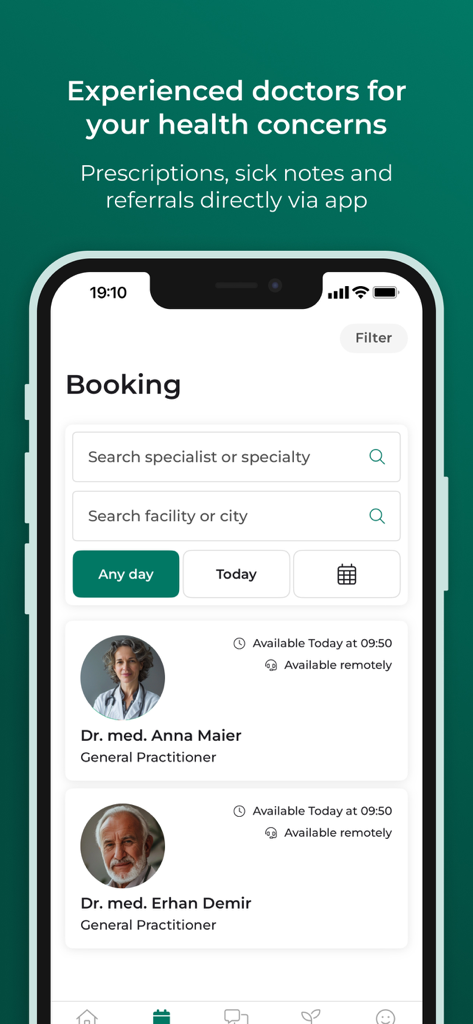 Meliva Digital Clinic app screen showing options to book a doctor appointment and search for specialists.