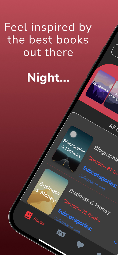Bookshelf: Book Tracker, Club - 어두운 모드에서 전기 및 비즈니스 책 카테고리를 보여주는 Bookshelf 앱 인터페이스