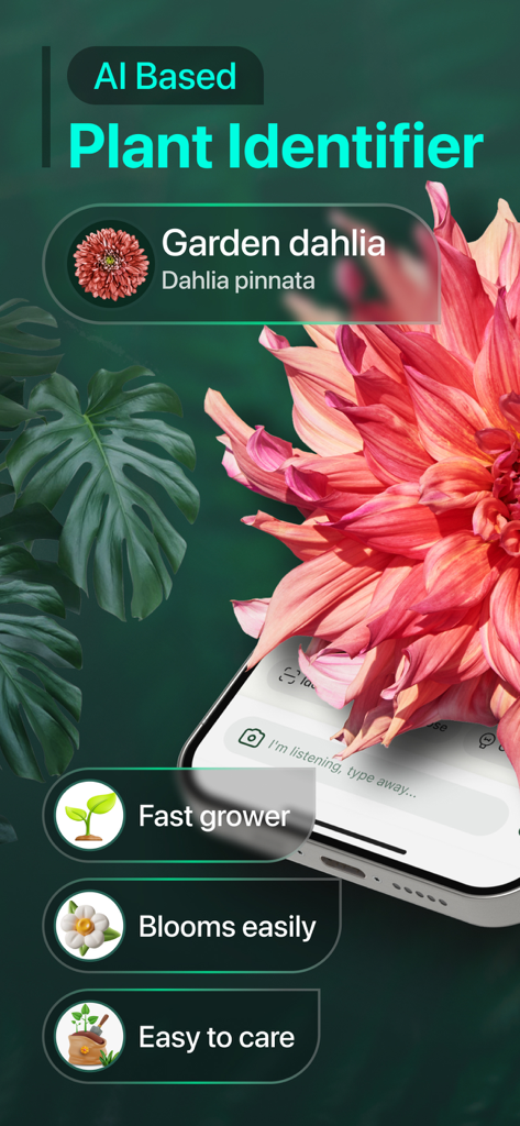 PlantAI: Identifier & Diagnose - AI plant identification app screen showing garden dahlia details and care tips