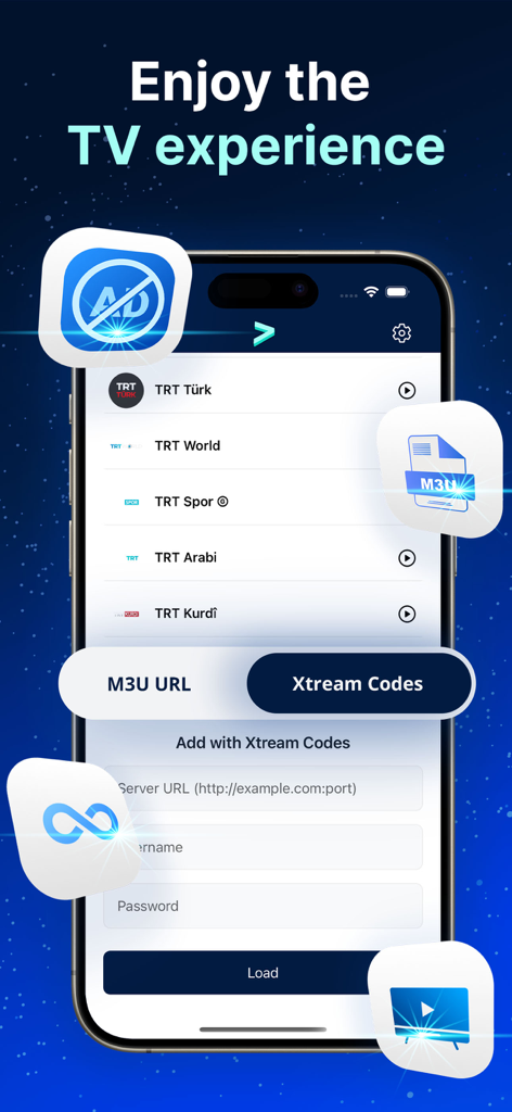 M3U Player Pro: IPTV Player - M3U Player Pro app interface showing live TV channel lists and Xtream Codes setup on a smartphone