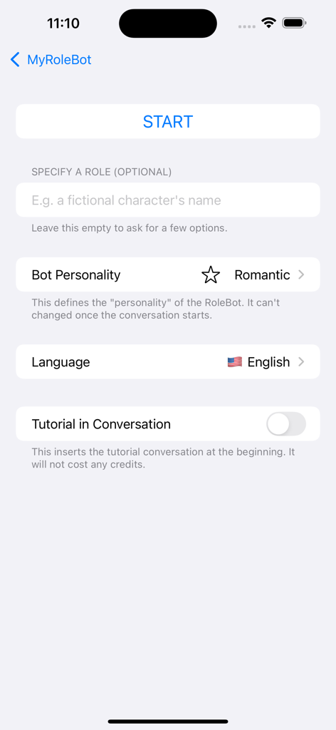 aiRoleBot: AI Role-Play Chat - Interface for customizing an AI role-play session with personality and language options