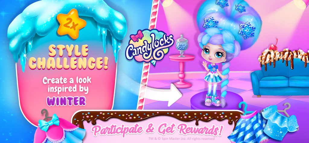 Una muñeca Candylocks con cabello de algodón de azúcar azul y copos de nieve para un desafío de estilo de invierno.