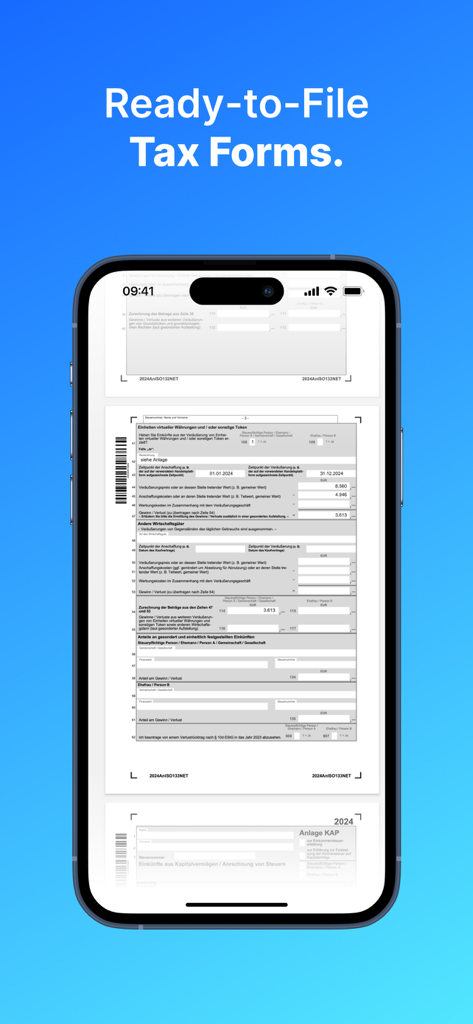 Un smartphone mostrando formularios fiscales oficiales generados por la aplicación Blockpit para la declaración de impuestos de criptomonedas.