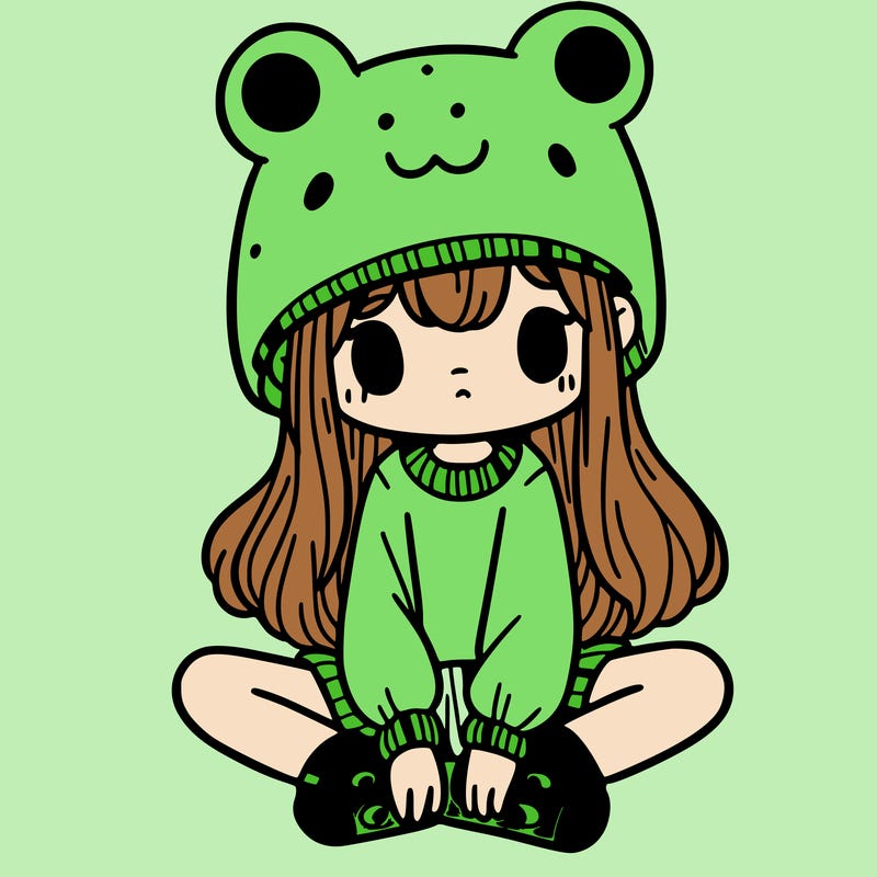 a girl wearing a frog hat and some frog socks