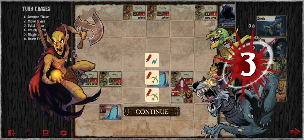 Summoner Wars Online - Gameplay screen of Summoner Wars Online showing unit cards on a grid battlefield with combat effects