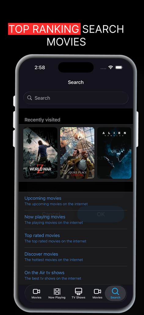 Netmirror アプリの検索画面。最近表示した映画とカテゴリ検索オプションが iPhone に表示されています。