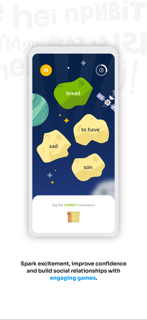 A space themed language learning game in the FlashAcademy app featuring vocabulary translation