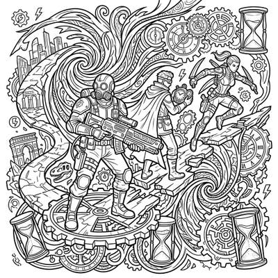 Dive into an exhilarating world with our Temporal Mercenaries coloring page, featuring skilled agents navigating fractured timelines. This intricate design invites you to bring a dynamic time-traveling mission to life with your unique color palette.