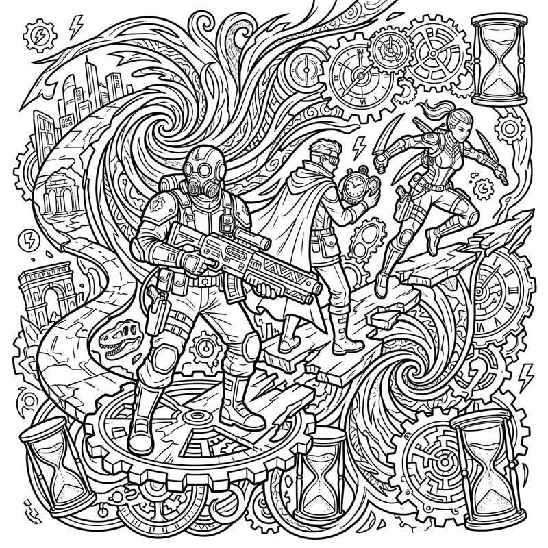 Dive into an exhilarating world with our Temporal Mercenaries coloring page, featuring skilled agents navigating fractured timelines. This intricate design invites you to bring a dynamic time-traveling mission to life with your unique color palette.