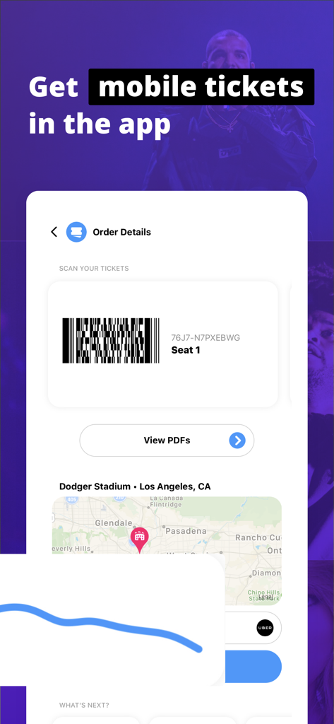 TickPick: No Fee Tickets - TickPick mobile ticket interface showing a barcode and stadium location map