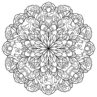 Welcome new life with this beautifully intricate Peony Mandala Baby Shower coloring page, blending lush floral patterns with sweet baby motifs. It's the perfect creative activity for expectant parents, baby shower guests, or anyone celebrating the joy of a new arrival.