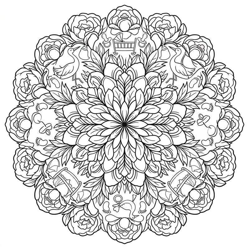 Welcome new life with this beautifully intricate Peony Mandala Baby Shower coloring page, blending lush floral patterns with sweet baby motifs. It's the perfect creative activity for expectant parents, baby shower guests, or anyone celebrating the joy of a new arrival.