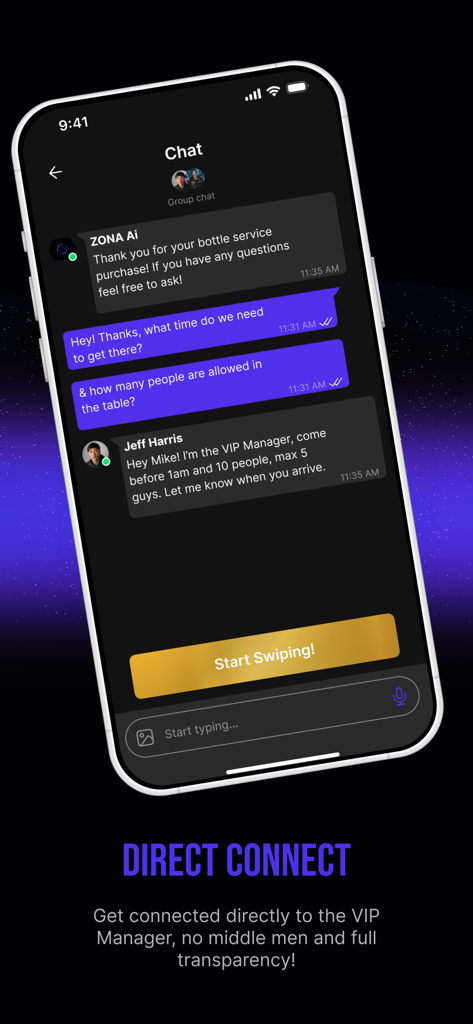 ZONA: Unlock Miami Nightlife - ZONAアプリのチャット画面、ユーザー、AIアシスタント、VIPマネージャー間の直接チャットでマイアミのナイトライフ予約をサポート