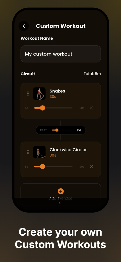 Battle Rope Workouts - Interface for creating custom battle rope workouts with adjustable exercise and rest times.
