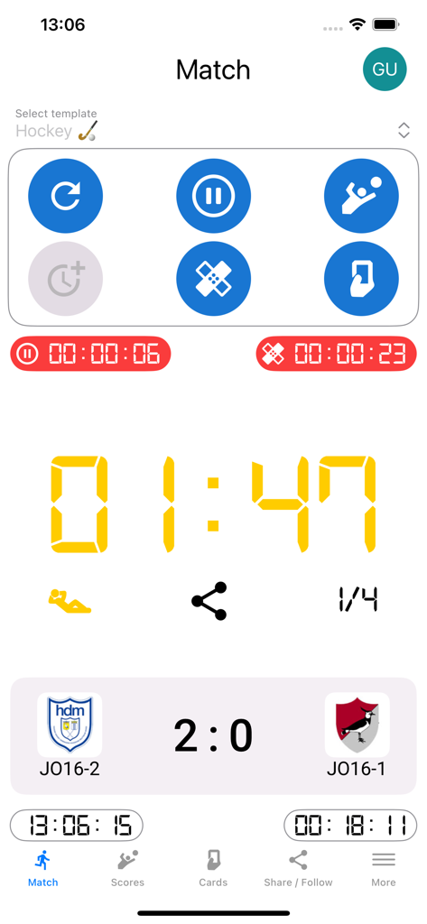 Whistle Time - Interfaccia dell'app Whistle Time per una partita di hockey che mostra il punteggio live e il cronometro della partita