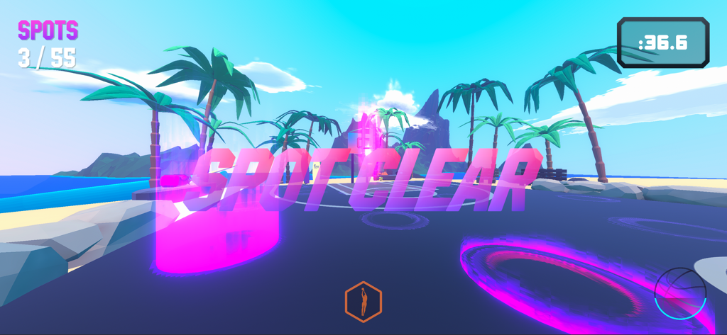 First Person Hooper - Gameplay screenshot of First Person Hooper showing the Spot Up mode on a tropical island basketball court with neon pink markers