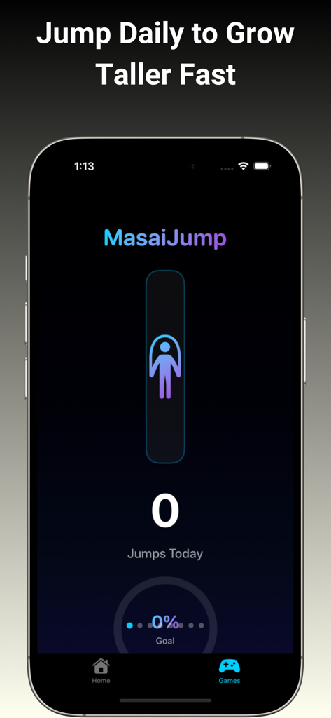 GenTallアプリのMasaiJumpインターフェース。身長増加のための毎日のジャンプカウンターと進捗目標を表示。