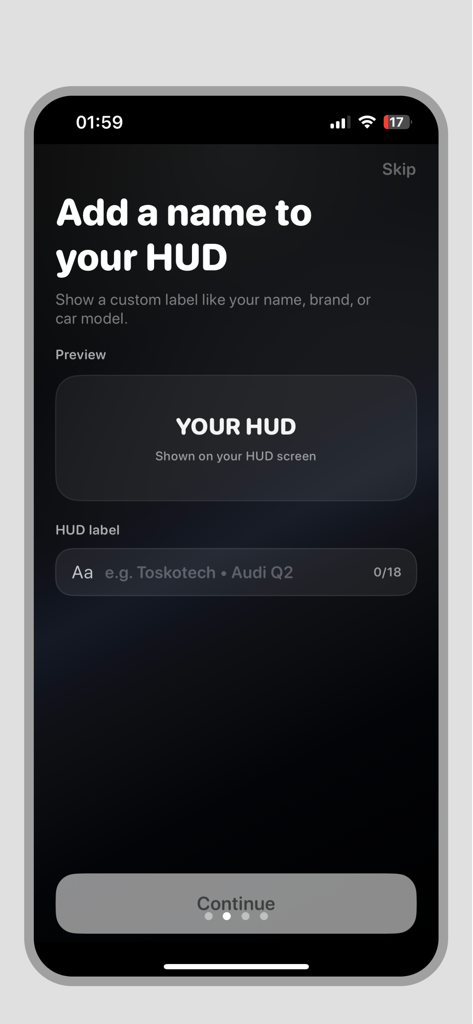 Écran de configuration pour ajouter un nom personnalisé ou une étiquette de modèle de voiture à l'affichage tête haute.