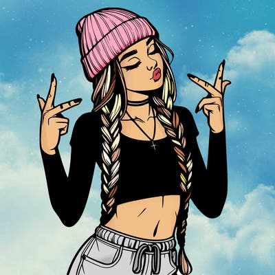 realistic teenage girl with braids and a beanie and crop top doing 🫶🏼