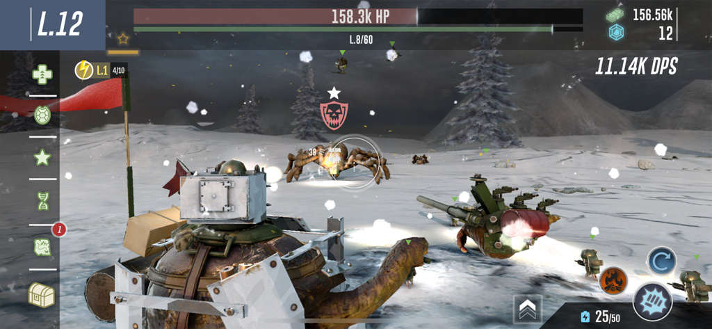 War Tortoise 2 gameplay showing a heavy tank battling a giant mechanical spider on a snowy battlefield