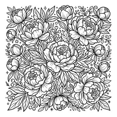 Dive into a lush garden with this intricate peony bouquet coloring page, where every petal and leaf awaits your creative touch. This detailed full-scene design offers a deeply satisfying and immersive artistic experience.