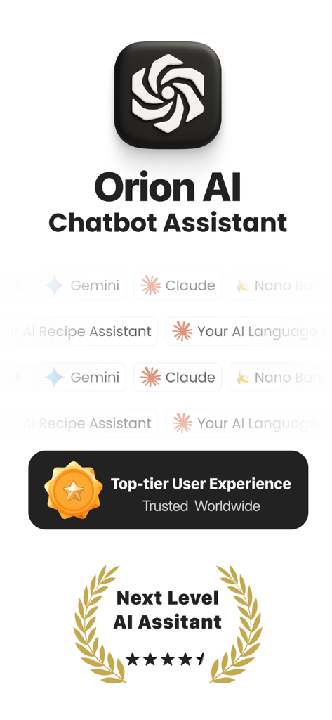 Orion AI - Chatbot Assistant - Orion AI Chatbot Assistant app screen showing Gemini and Claude integration with a top-tier user experience badge.