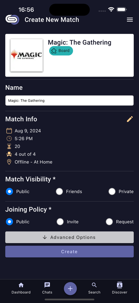 Gamers.Online: LFG & Friends - Mobile App-Oberfläche zur Erstellung eines neuen Spiels für Magic The Gathering mit Optionen für Datum, Uhrzeit und Sichtbarkeit