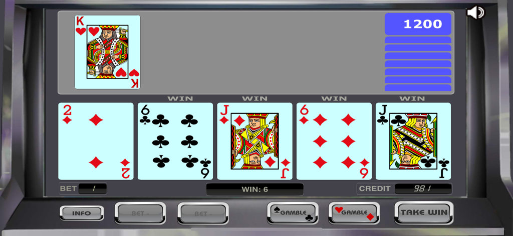 American Classic Poker Gameplay-Bildschirm, der ein gewinnendes Zwei-Paare-Blatt auf einer Retro-Digitalmaschine zeigt.